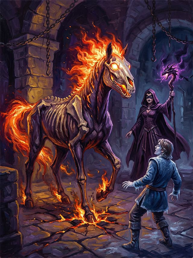 Nočná mora — kostnatý kôň s ohnivou hrivou
