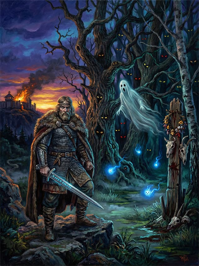 Slovanský bojovník na okraji temného lesa