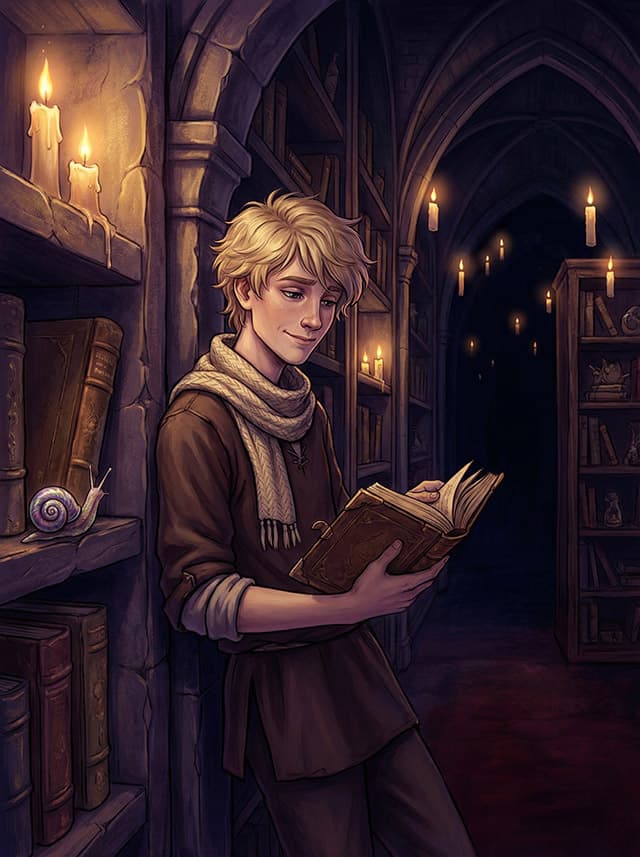 Sage Simons — vysoký svetlovlasý chlapec s knihou