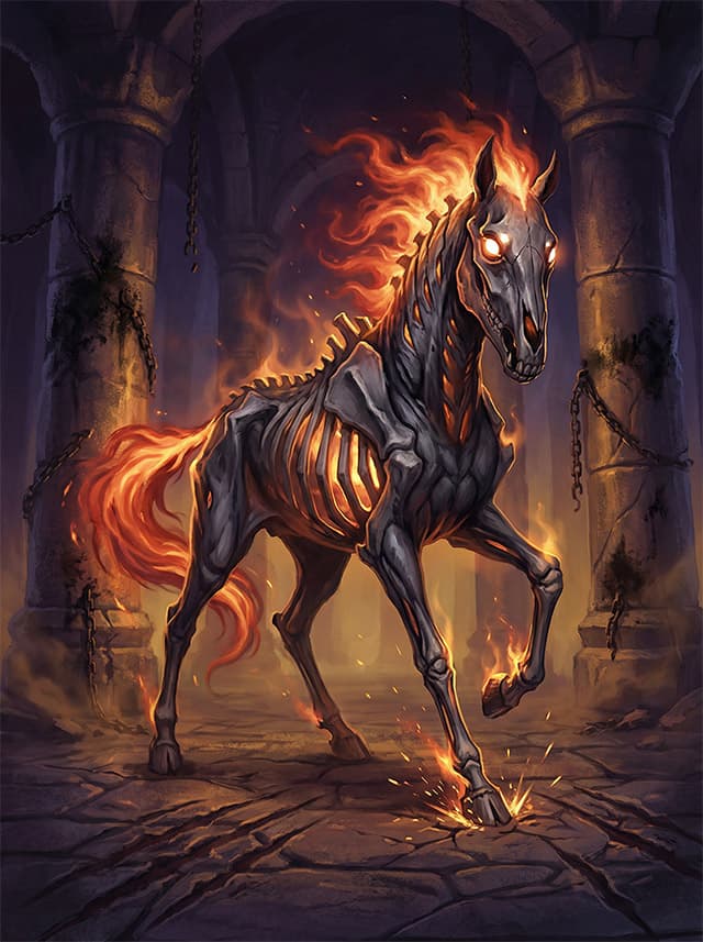 Nočná mora — kostnatý kôň s ohnivou hrivou