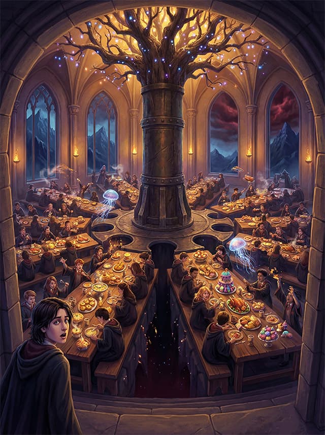 Rotujúca jedáleň s obráteným stromom na strope