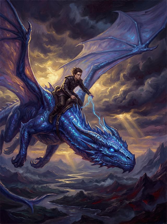 Eragon letí na zafírovo modrej dračici